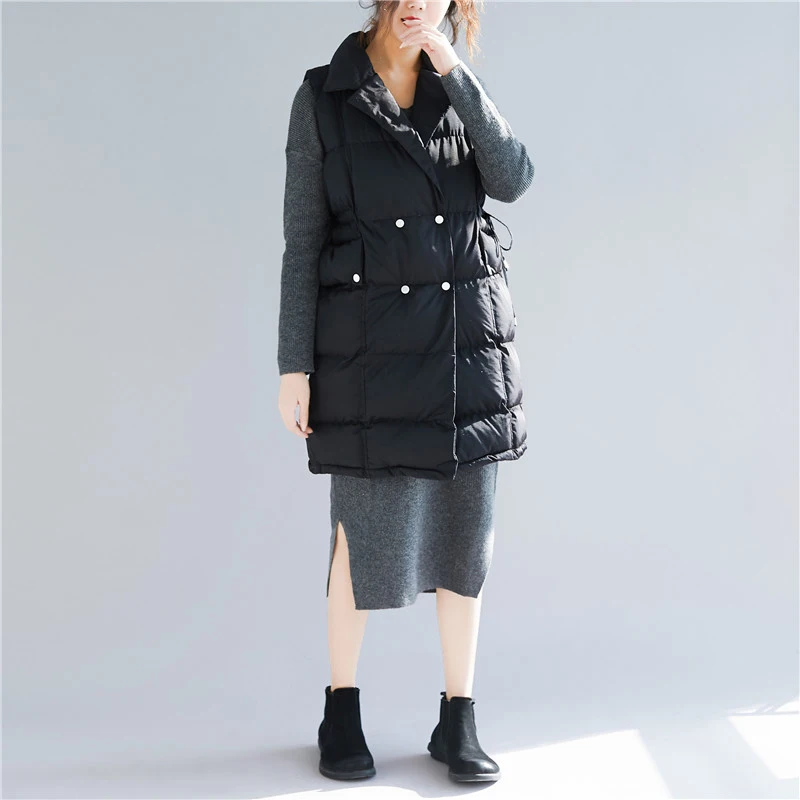 QoerliN Sleeveless Lace Up Waistcoat Women Cotton Clothing Double-Breasted Long Parkas Female Pocket Solid Jacket Coat Autumn | Женская