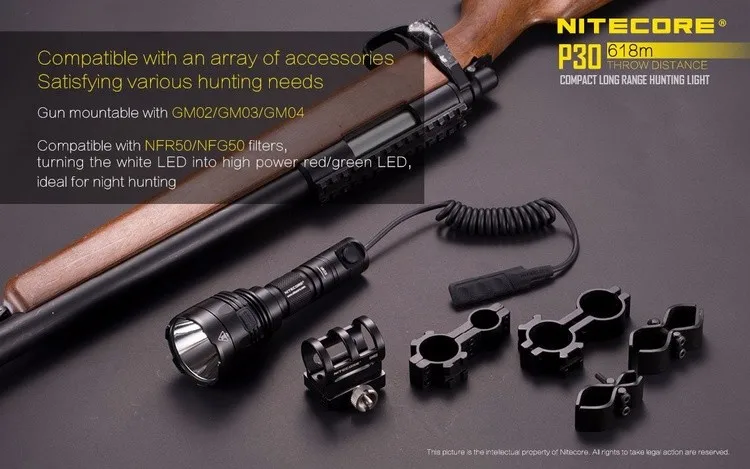 NITECORE 1000LM светодиодный P30 охотничий набор Тактический сверхинтенсивный фонарик бокссет+ аккумулятор 3400 мАч+ зарядное устройство F1