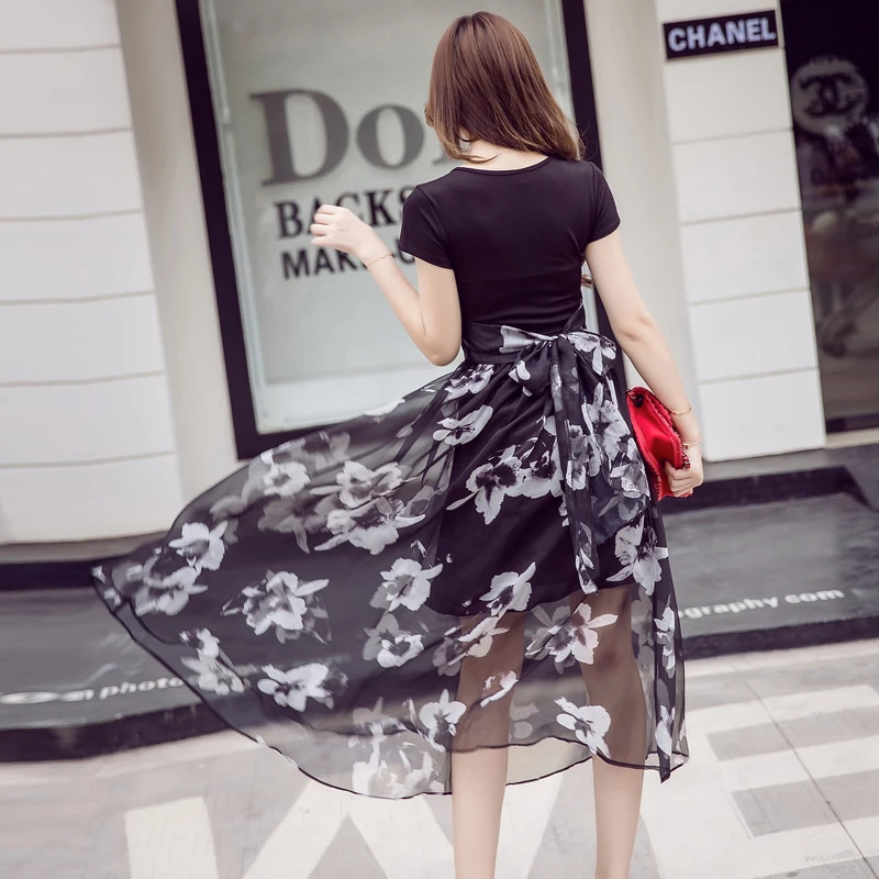 2018 summer new Korean short sleeved V collar slim Fashion Print Dress Chiffon dress female | Женская одежда