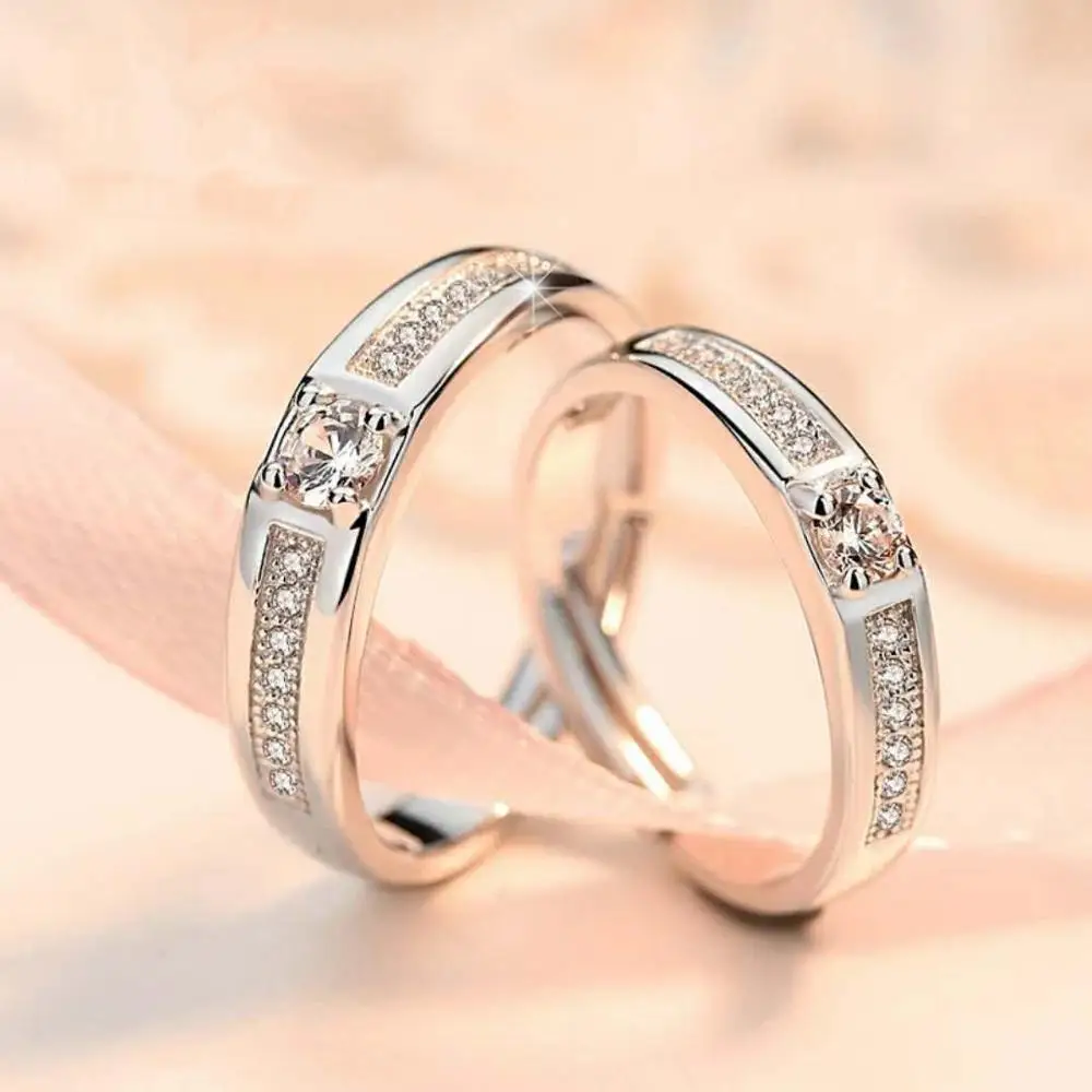 Rhinestone Lovers Ring Fashion Simple Opening Adjustable Zircon Couple Jewelry Engagement Rings Birthday Gift | Украшения и