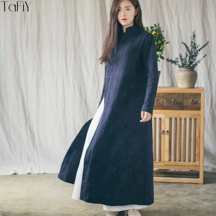 TaFiY Vestidos 2017 женские зимние платья винтажные пуговицы воротник стойка платье с