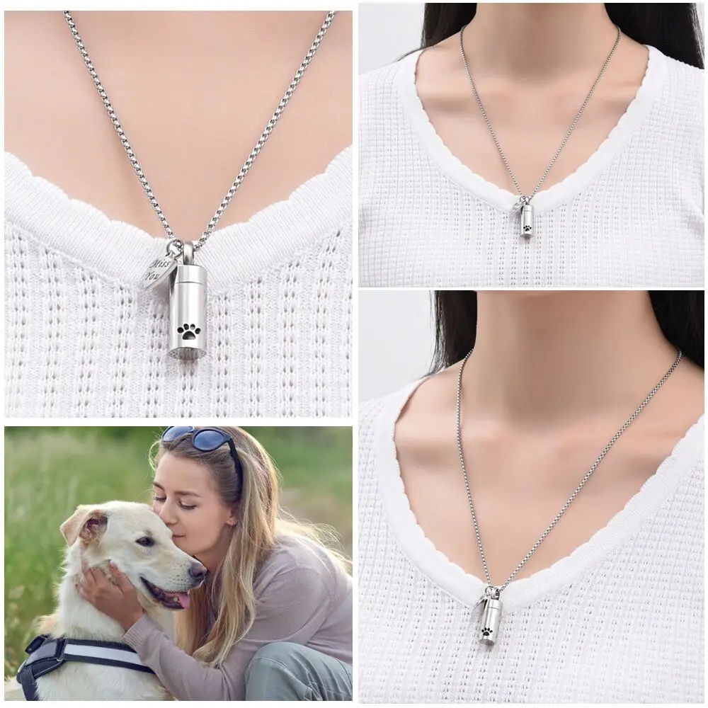 

Miss You Heart Charm - Dog/Cat paw Print Cylinder Cremation Urn Necklace For Pet Ashes Memorial Jewelry Keepsake Pendant