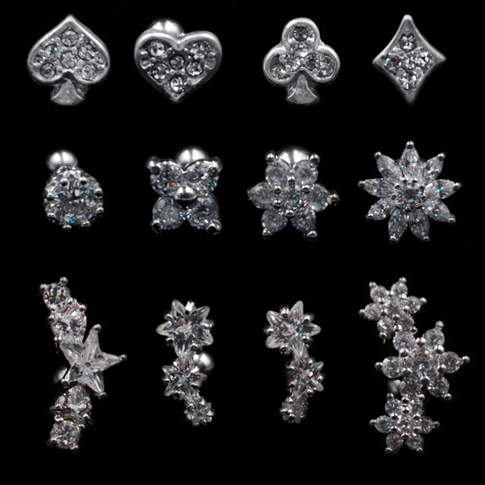 Серьга-гвоздик Orelha из стали для пирсинга ушной хрящ с кристаллами цветами