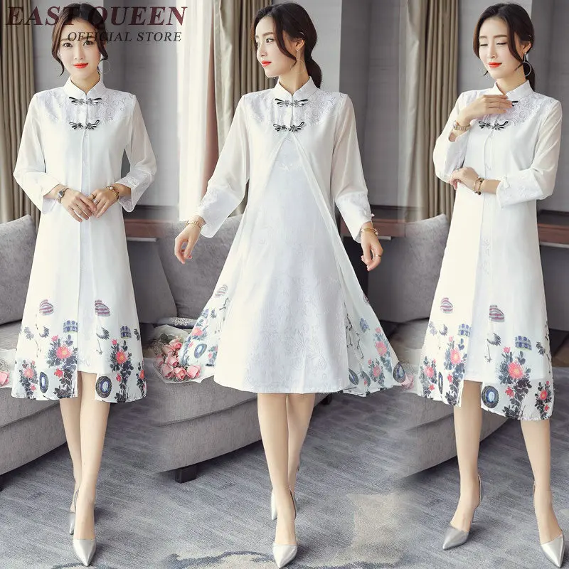 Китайское платье qipao с разрезом спереди винтажное восточное длинным рукавом