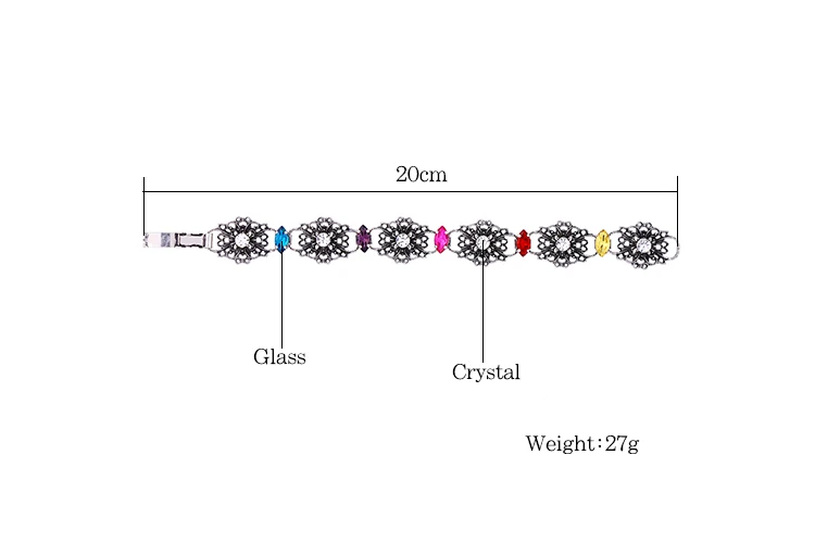 Antique Silver Color Ethnic Jewelry Flower Chain Bracelet Colorful Crystal Statement Vintage For Princess | Украшения и