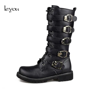 Мужские мотоциклетные кожаные сапоги, Длинные военные армейские сапоги на каблуке, Мужские Высокие Сапоги выше колена, обувь с пряжкой