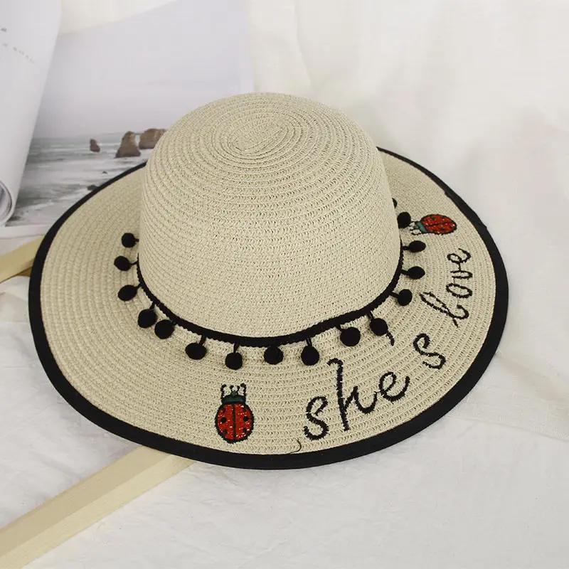 Широкие поля женская летняя соломенная шляпа с вышивкой надписями бренд Кепки