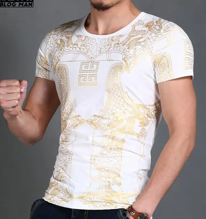 M-4XL! Новинка Для мужчин одежда Большие Размеры Мода в стиле барокко bronzier тонкий хлопок печати обтягивающие футболка певица костюмы - Цвет: Бежевый
