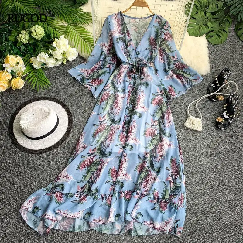 Платье женское с цветочным принтом V образным вырезом и высокой талией|Женские