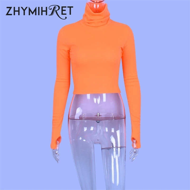 ZHYMIHRET осень зима неоновый цвет ребристая футболка для женщин длинный рукав водолазка футболка трикотажные укороченные топы Футболка Femme