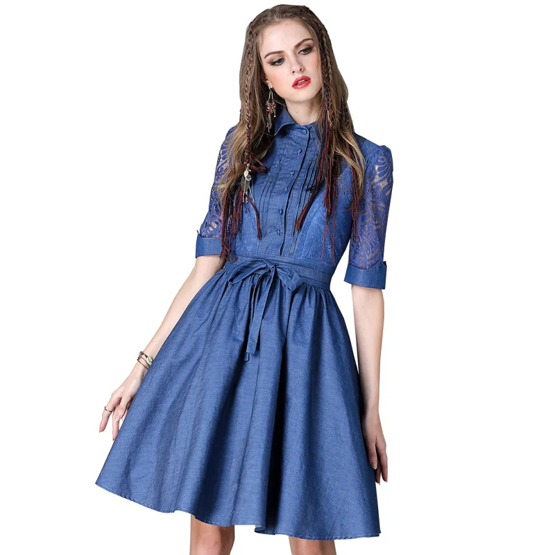 Брендовая женская одежда новое осеннее платье 2020 женское джинсовое кружевное