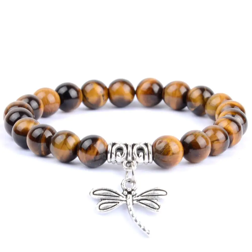 Tiger Eye Модные женские браслеты классические очаровательные стрекозы натуральный черный белый камень из бисера мужские подарочные браслеты и ювелирные изделия женский браслет - Окраска металла: Tiger Eye