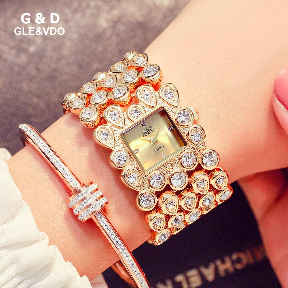 Часы наручные GD женские кварцевые модные повседневные Роскошные с золотистыми