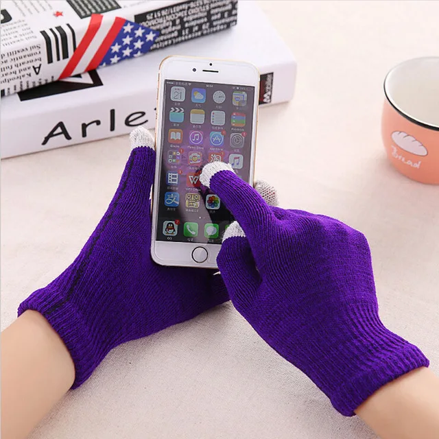 14 цветов модные зимние перчатки с сенсорным экраном для мужчин и женщин плюс толстые трикотажные guantes manoplas mujer mitaine - Цвет: Фиолетовый