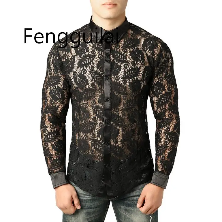 

Men's Mesh See Through Fishnet Clubwear Shirts Slim Fit Long Sleeve Sexy Lace Shirt Men Party Event Prom Transparent Chemise 2XL