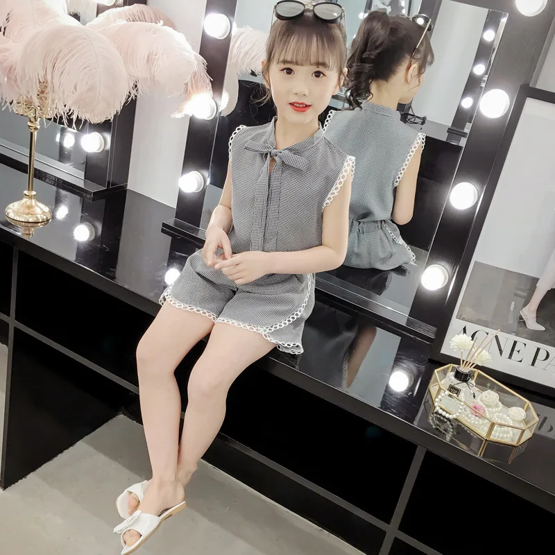 Летняя одежда для девочек милая кружевная рубашка в клетку + шорты комплекты из 2