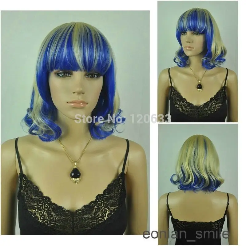 Перуанские Светло-Русый &amp Синий Вьющиеся Короткий Парик Женщины Косплей парики