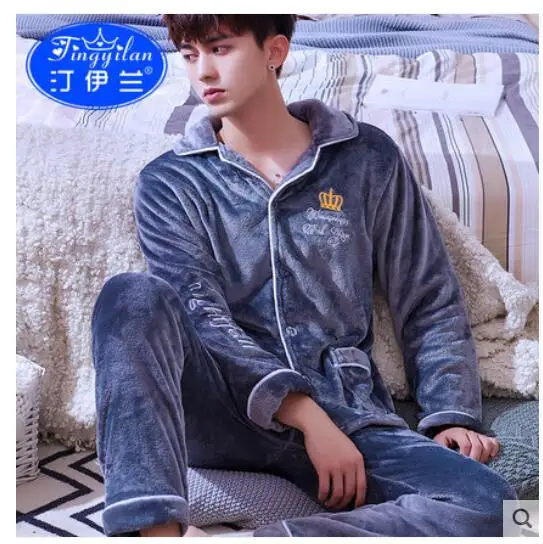 Pijama Masculino, Мужская пижама с вышивкой, зимняя теплая фланель, коралл, флисовая Пижама для мужчин, одежда для сна, Ночная одежда - Цвет: 004