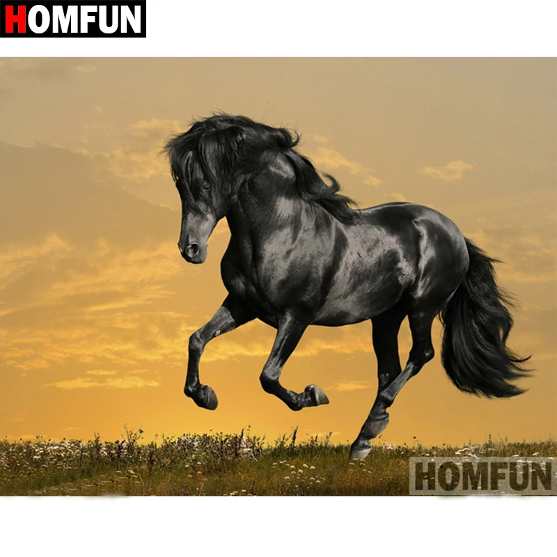 Картина из страз HOMFUN 5D &quotЧерная лошадь&quot квадратная/круглая вышивка крестиком