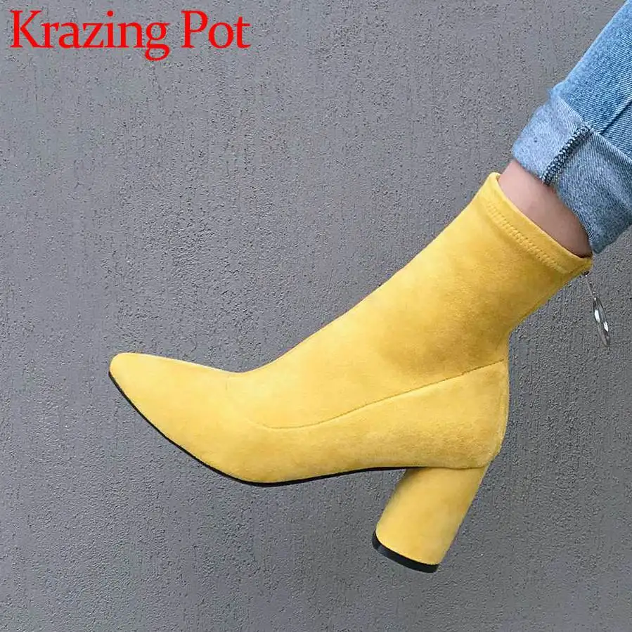 Г., высококачественные ботильоны ручной работы из флока с металлическим кольцом на Высоком толстом каблуке с острым носком на молнии в сдержанном стиле черного и желтого цвета L06