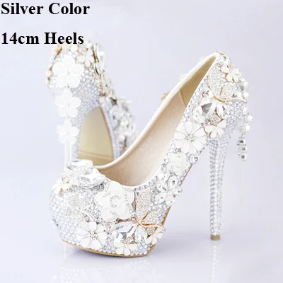 Silver 14cm Heels Роскошный Серебристый Стразы Свадебная обувь с украшением в виде кристаллов с застежкой на лодыжке Юбилей вечерние туфли на высоких каблуках, ручная работа, 5 дюймов - Цвет: Silver 14cm Heels