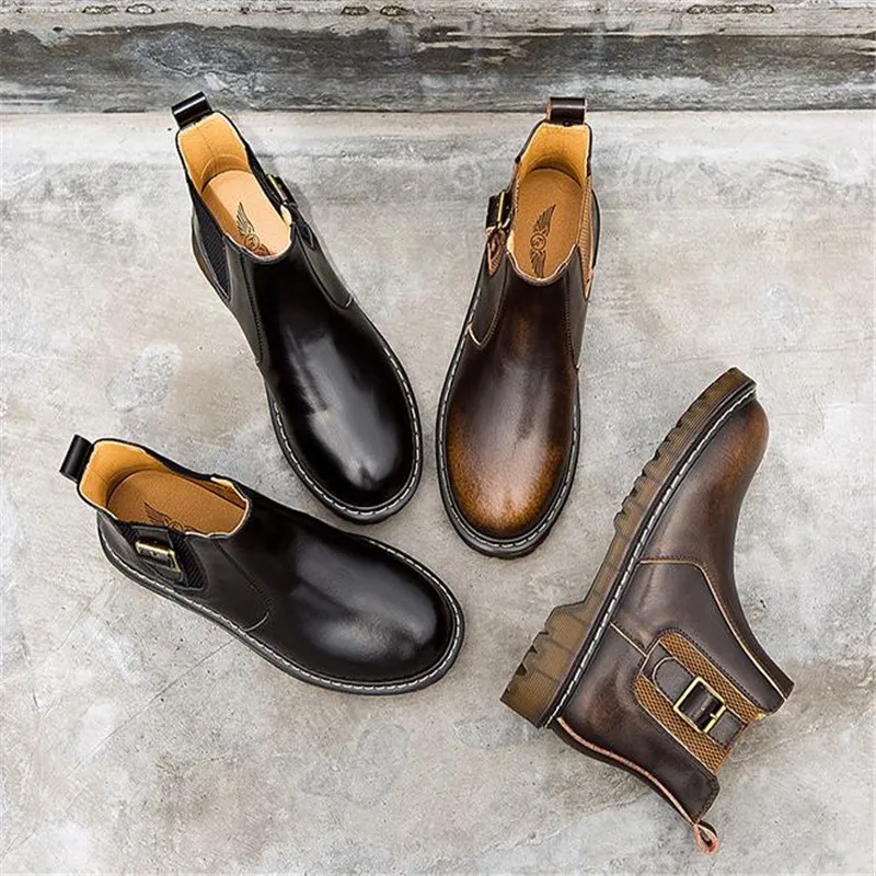 Женские ботинки челси в стиле ретро модные теплые из воловьей кожи с круглым