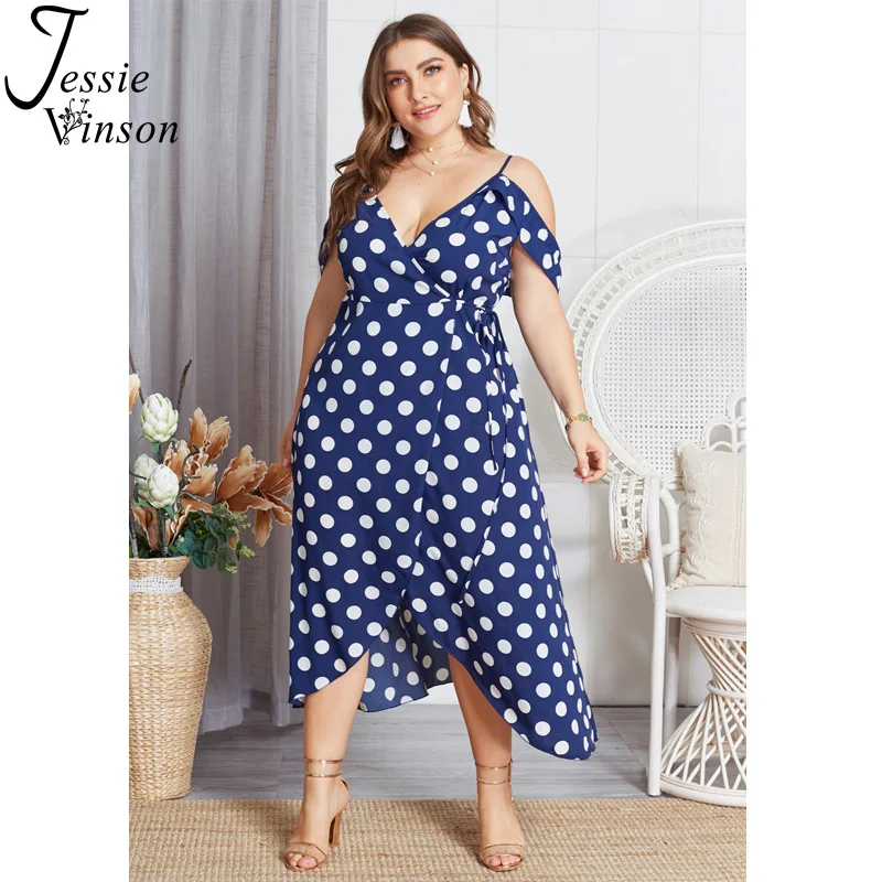 

Jessie Vinson Vintage Polka Dot Spaghetti Straps Long Dress Women Summer Off Shoulder Plus Size Long Dresses 4XL Sexy Wrap Dress