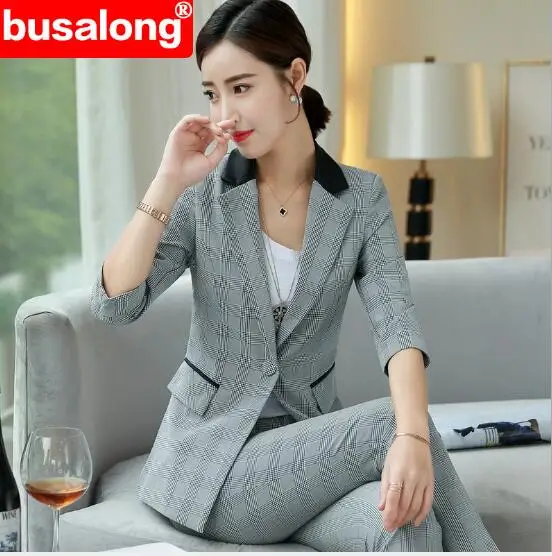 

2019 OL Spring Summer Fashion Women Pant suit Half sleeve Patchwork Blazer and Trouser Business Work office wear Clothes