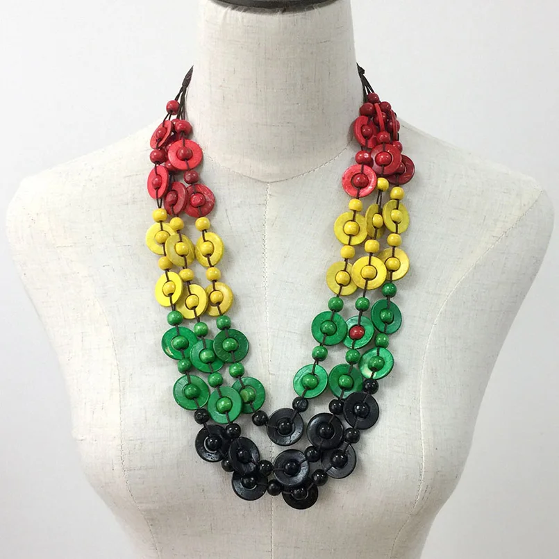Red-Yellow MANILAI, богемное колье с кулоном из кокосовой скорлупы и деревянных бусин, женские Этнические украшения, длинное ожерелье ручной работы из бисера - Окраска металла: Red-Yellow