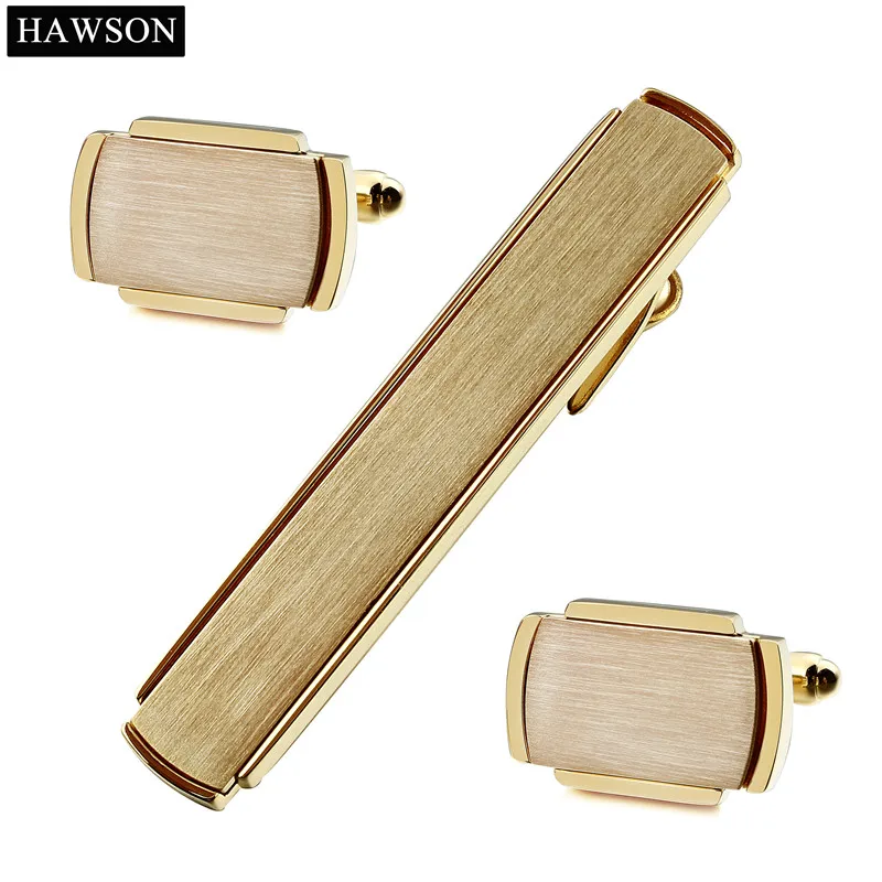 

High Quality Matte Cufflinks Tie Bar Set Luxury Golden Plated Mens Shirt Cuff links Button