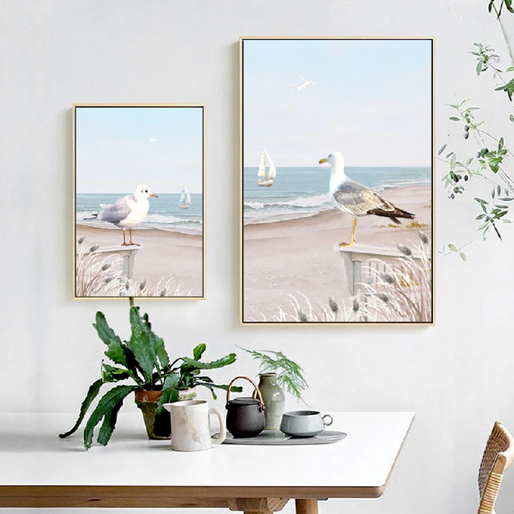 Скандинавские плакаты и принты Пляжный Пейзаж Чайка парусник холст живопись