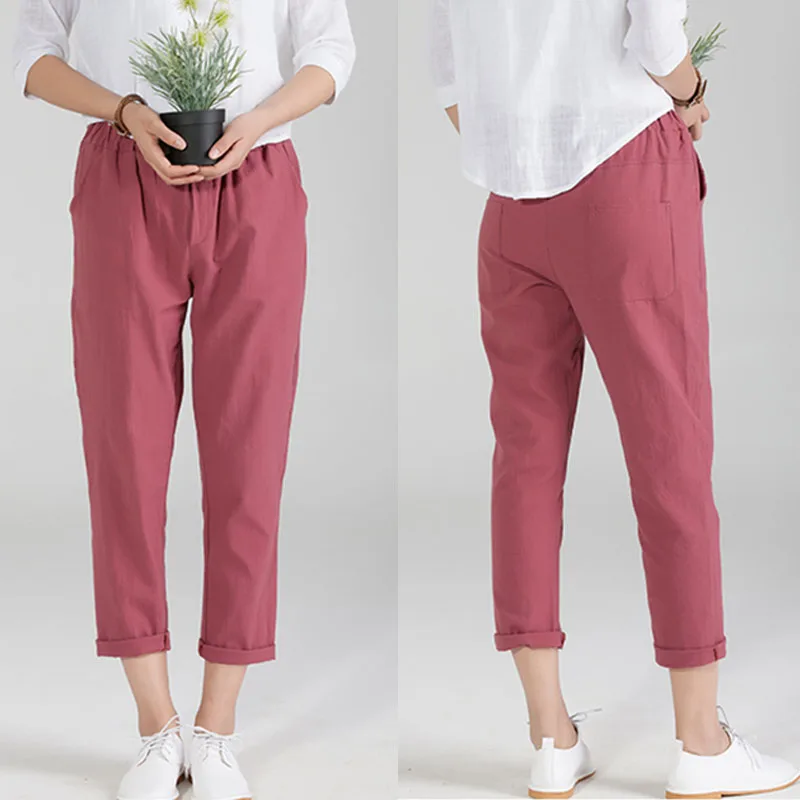 Women's Pants Solid Cotton Linen Loose Slim Casual Harem Pencil Trousers | Женская одежда
