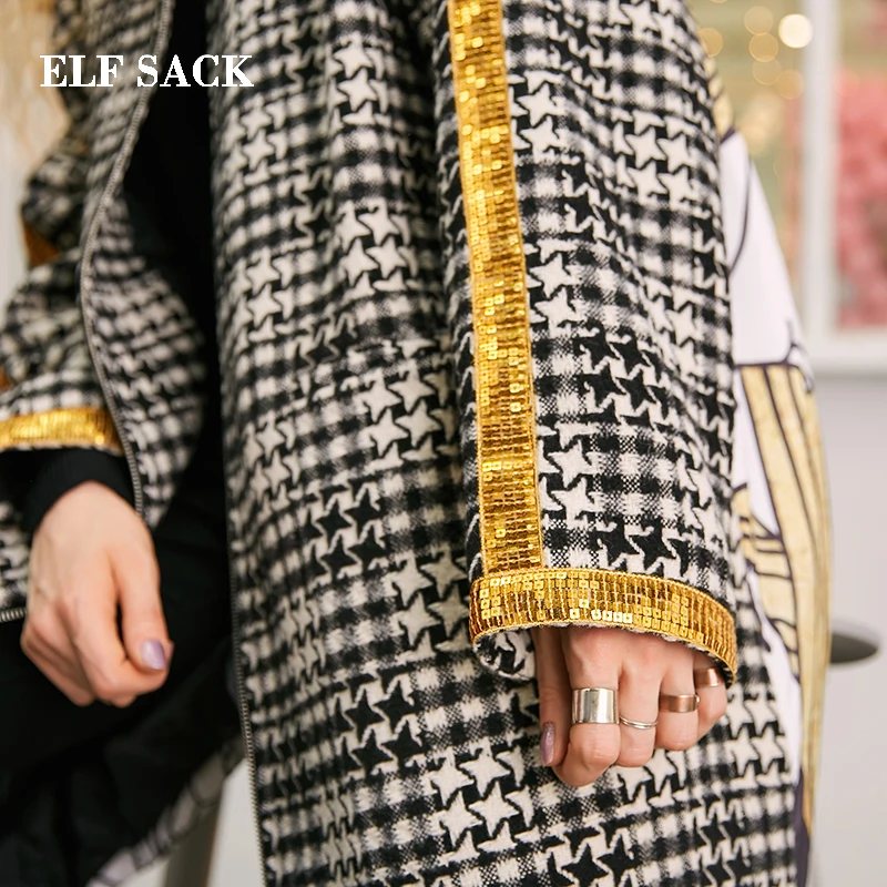 Женская Длинная ветровка ELFSACK черная шерстяная куртка в клетку с принтом из