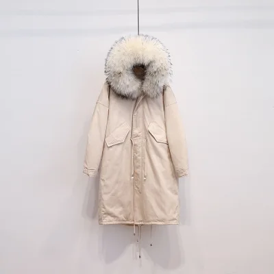 Beige beige fur Пальто с енотовым мехом, гусиное перо, длинное женское белое пуховое пальто, зимняя куртка размера плюс, военная парка с капюшоном, верхняя одежда Okd317 - Цвет: Beige beige fur