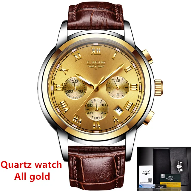 LIGE Топ люксовый бренд Модные мужские автоматические механические часы мужские s Водонепроницаемые кожаные спортивные повседневные часы Relogio Masculino - Цвет: L Gold