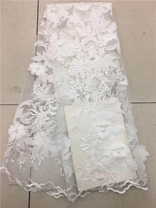 Африканский белый бисер чистая кружевная ткань 2017 стиль Нигерия 3D цветок