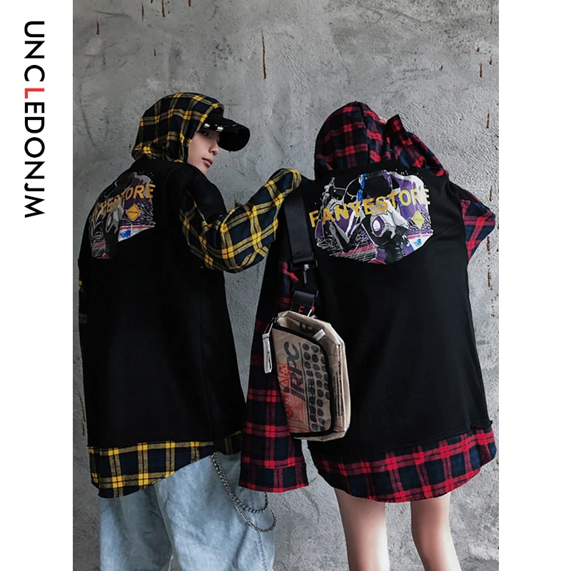 UNCLEDONJM клетчатые Цветные Лоскутные рубашки для мужчин в стиле хип хоп Harajuku