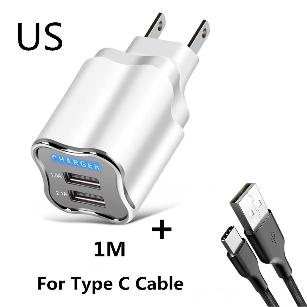 US Type C Cable 5 в 2.1A светодиодный 2 USB зарядное устройство Хорошее настенное зарядное устройство EU/US штекер Адаптер для iPhone 8 7 6 iPad samsung huawei Xiaomi зарядное устройство для мобильных телефонов s - Тип штекера: US Type C Cable