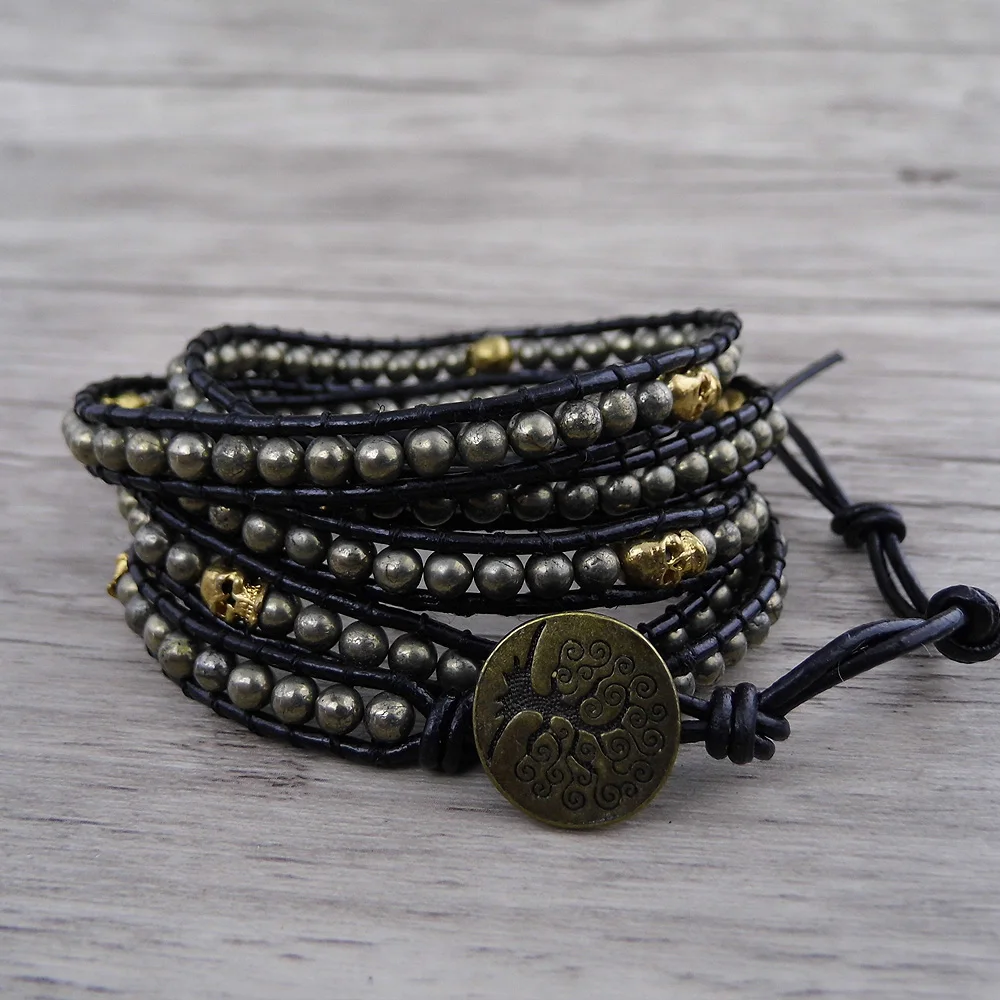 Пирит wrap череп бусы браслет кожаный Бохо Браслет yoga jewelry палантины barcelet