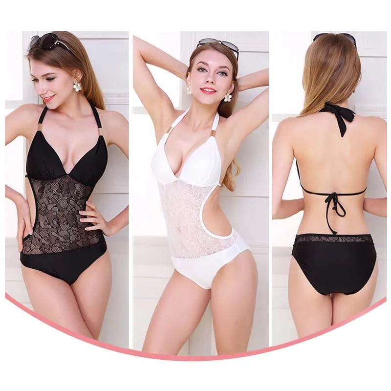 HAOFAN 2018 Black Lace One Pieces Swimsuit Sexy High Waist Bikinis Women Push Up Swimwear Bathing Suit Beach Hang Bikini | Спорт и