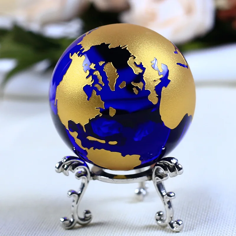 

6cm Blue Gold Crystal Earth Model Feng Shui Glass Globe Crystal Ball Sphere Ornaments Figurine Home Decoration Accessories Gifts