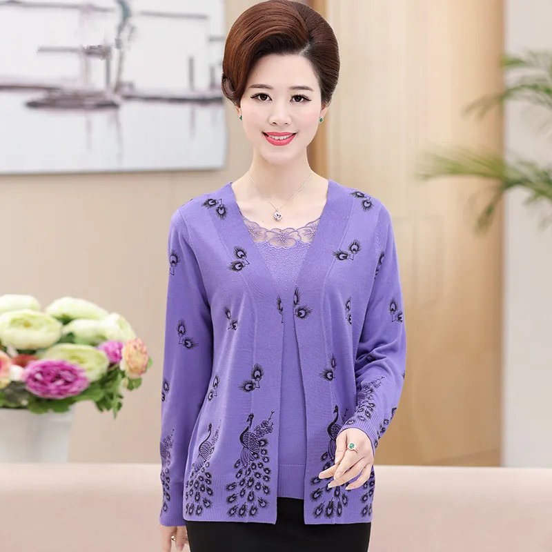 2018 Spring And Autumn Long Sleeved Cardigan blusa tricot Peacock Pattern Two Piece Set Loose Plus Size S-XXXL Cashmere Sweater |