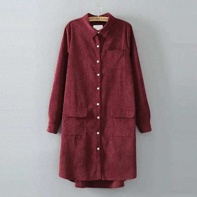 

Vintage Long Sleeve Shirts Corduroy Spring and autumn Women Solid long Style Blouse blouses Tops