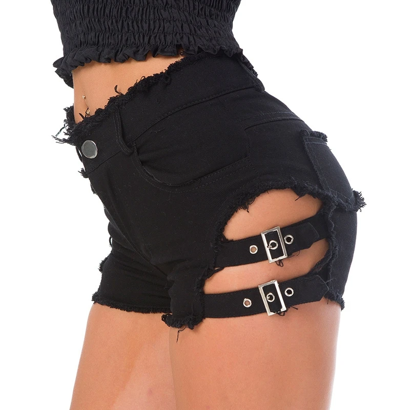 

2021 Sexy Hole Summer High Waist Distressed Denim Hot Shorts Women Black Ripped Booty Shorts Vintage Punk Shorts Jeans Hotpants