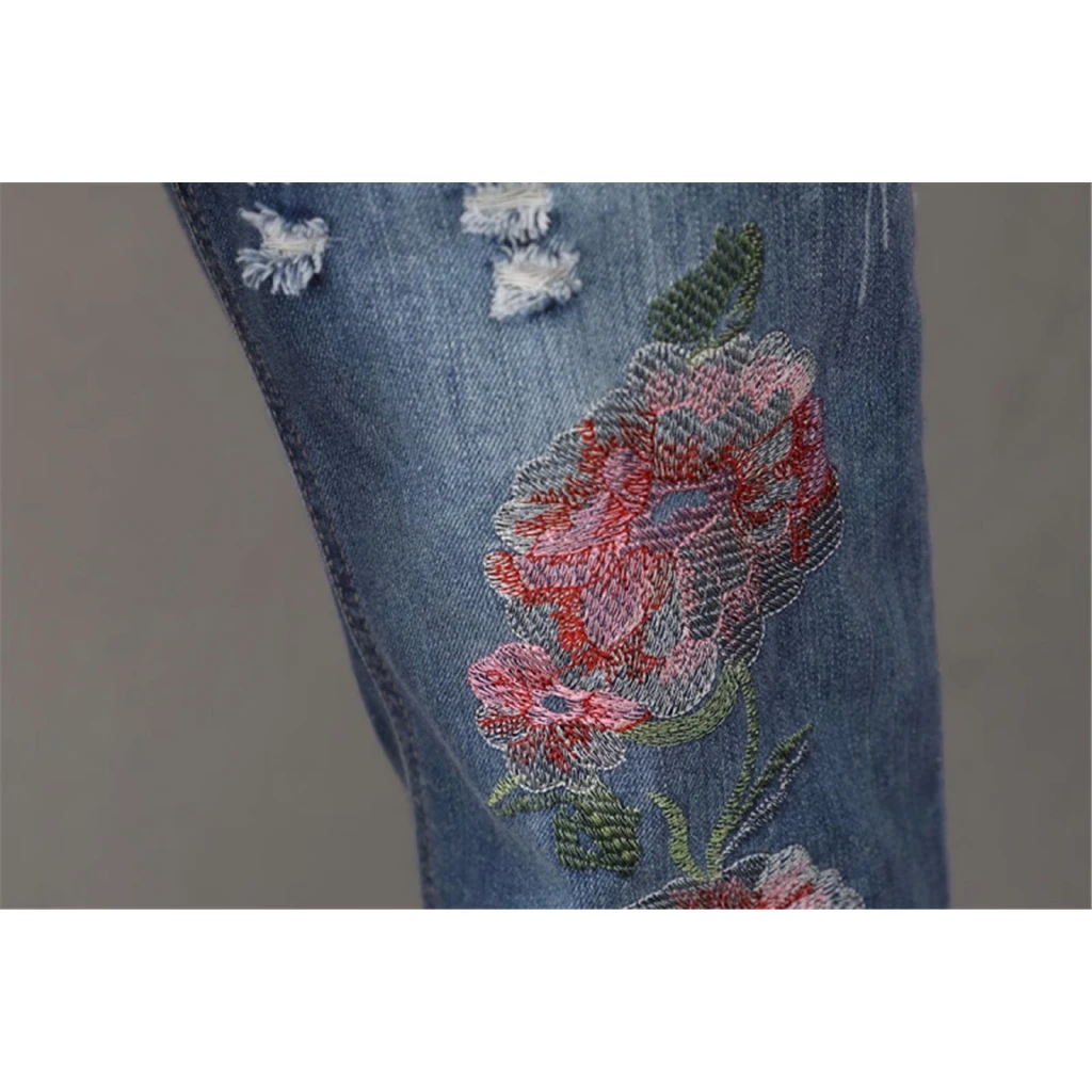 

Plus size women jeans blue denim cropped pants loose straight floral embroidery casual trousers