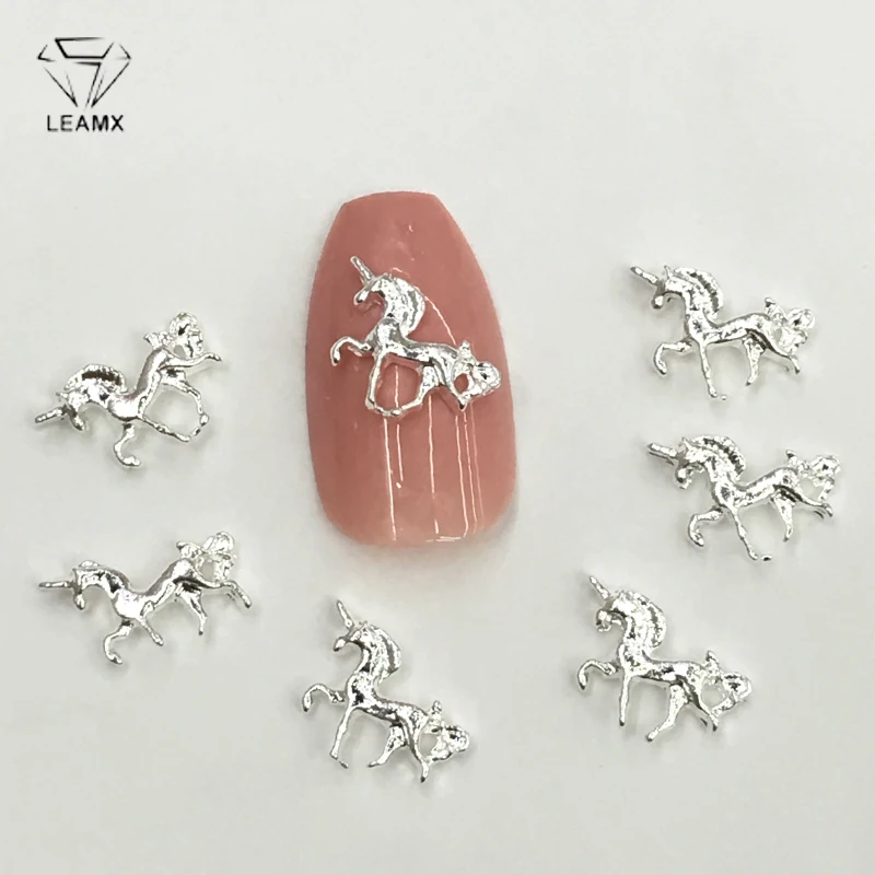 LEAMX 50 шт./пакет нейл арта украшения 3D серебряный единорог Форма блестящие лошадь