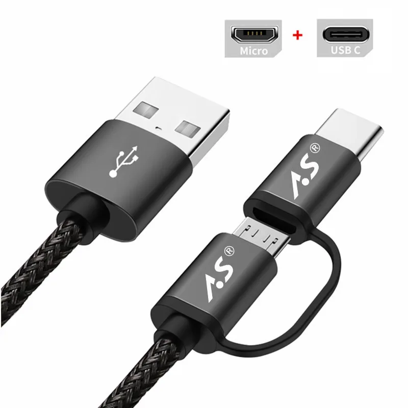Кабель Micro USB A.S для samsung 2 в 1, кабель usb type C для быстрой зарядки и передачи данных, кабель USB C для телефона Xiaomi 4C Nexus 5X6 P Android - Цвет: 2 IN 1 Cable Black