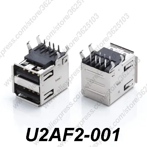 

10PCS U2AF2-001/U2AF2-001Z Dual USB 2.0 Connector Bent/Straight Feet 90 Degree White/Black Charging Socket USB 2.0 Female Jack