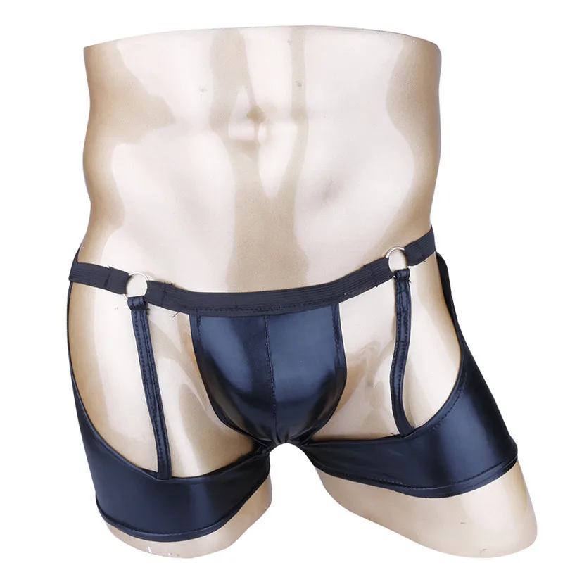 

Mens Sexy Boxer Shorts Lingerie Patent Leather Boxers Panties Bikini Thong Underwear Underpants Panties with O-rings and Strings