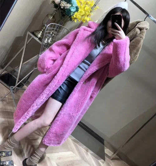 rose red Пальто из натурального меха альпаки, Женское зимнее пальто с воротником, длинное натуральное меховое пальто с мишкой Тедди, Женское пальто, натуральный жакет из меха - Цвет: rose red